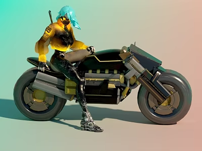 Woman With Blue Hair In Yellow Top And Black Pants Sitting On Futuristic Cyberpunk Motorcycle 3d model