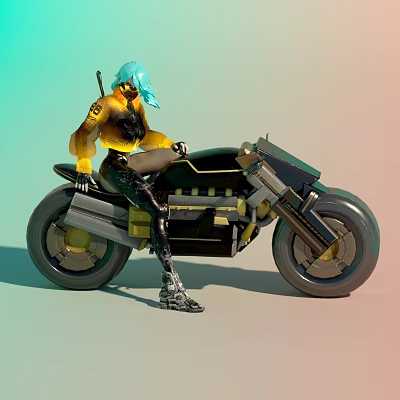 Woman With Blue Hair In Yellow Top And Black Pants Sitting On Futuristic Cyberpunk Motorcycle 3d model