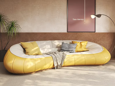 Stylish Yellow Curved Sectional Sofa With Yellow And Striped Cushions Green Plant And Floor Lamp 3d model