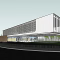 Modern Sales Office Building With White Glass Facade Perforated Grilles And Landscaped Entrance