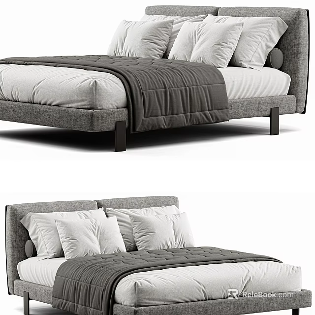 Modern Double Bed With Gray Upholstered Headboard White Pillows And Gray Quilt 3d model 