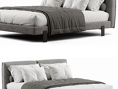 Modern Double Bed With Gray Upholstered Headboard White Pillows And Gray Quilt 3d model