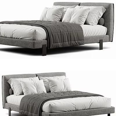 Modern Double Bed With Gray Upholstered Headboard White Pillows And Gray Quilt 3d model