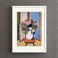 Botanical Painting with Colorful Flowers in Yellow Vase on Wooden Stool Dark Background