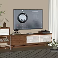 Modern Wooden TV Stand With Television Audio Equipment Drawers Glass Doors And Decorative Plants