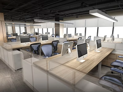 Modern Public Office Space With Open Layout Wooden Desks Computers Ergonomic Chairs And Natural Light 3d model