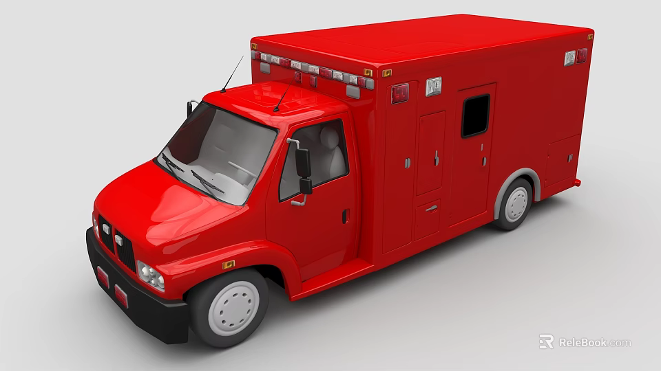 Red Emergency Ambulance Vehicle With Roof Lights Side Doors And Medical Features 3d model 
