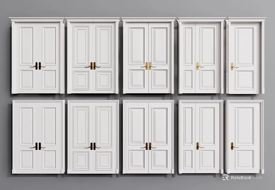 White Swing Doors Collection With Various Panel Styles And Golden Handles 3d model