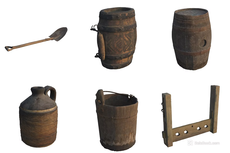 Essential Hardware Tools For Workshop Featuring Wooden Spoon Barrel Jug Bucket Rack 3d model