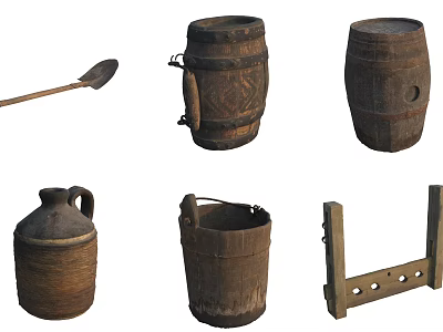 Essential Hardware Tools For Workshop Featuring Wooden Spoon Barrel Jug Bucket Rack 3d model