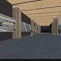Spacious Hall Featuring Long Display Walls Awards Columns and Ceiling Lights on Carpeted Floor