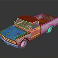 Vintage Rusty Truck With Orange Roof Blue Hood Pink Door And White Bed