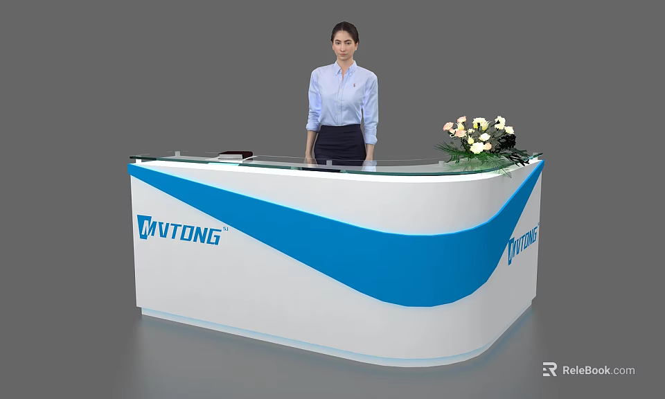 Modern White Blue Reception Desk With WVTONG Logo And Woman By Flower Arrangement 3d model 