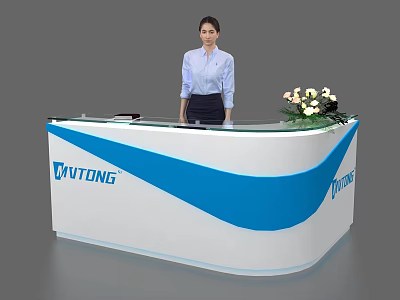 Modern White Blue Reception Desk With WVTONG Logo And Woman By Flower Arrangement 3d model