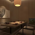 Japanese Style Restaurant Interior With Red Maple Tree Wooden Wall And Courtyard Lighting