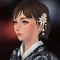 Traditional Japanese Character In Kimono With Short Hair Floral Hairpin Front Side View