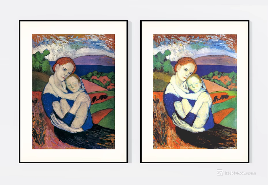 Framed Two Figure Paintings Depicting Mother And Child Red Hair Green Landscape Sky 3d model 