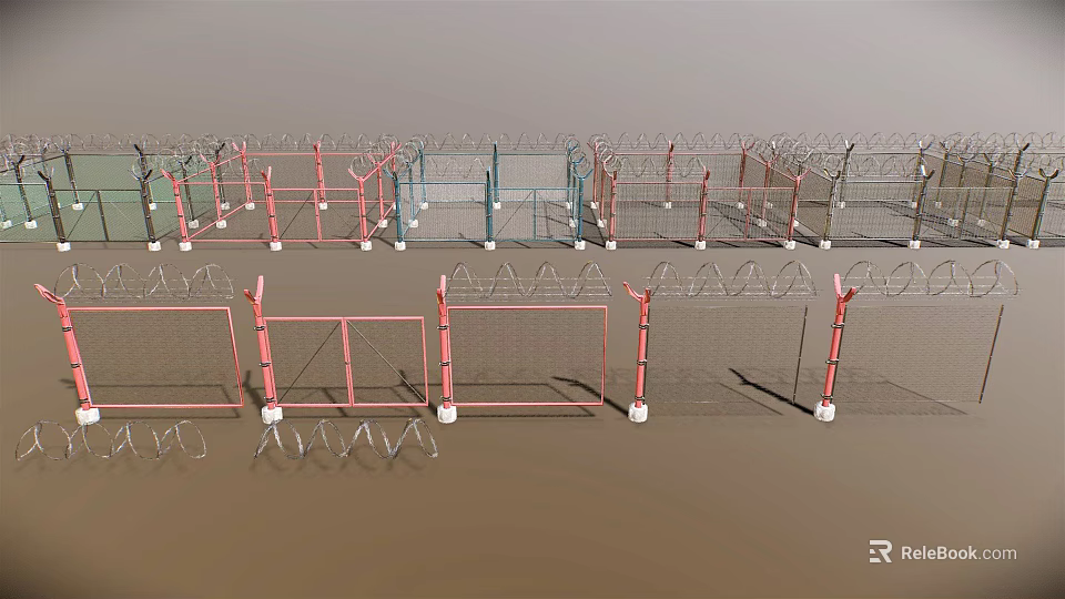 Multiple Colorful Metal Fence Structures With Mesh Design And Spiked Tops 3d model 
