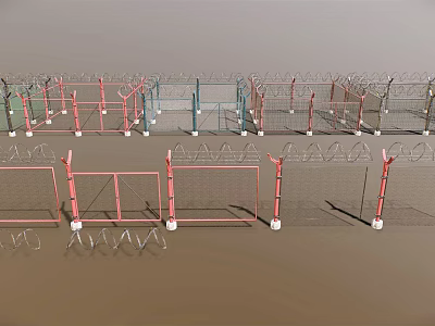 Multiple Colorful Metal Fence Structures With Mesh Design And Spiked Tops 3d model