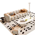 Modern Beige Sofa and White Coffee Table Set with Accent Chair Floor Lamp Spotted Rug