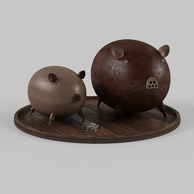 Decorative Ornament Set with Two Wooden Pig Figurines Placed on Round Wooden Tray 3d model
