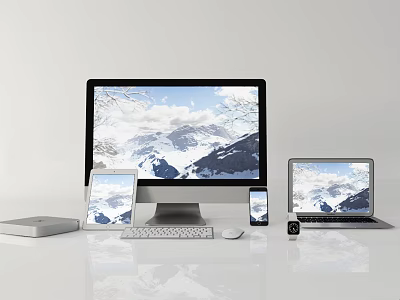Modern Computer Setup With Desktop Laptop Tablet And Smartphone Screens Displaying Mountain View 3d model