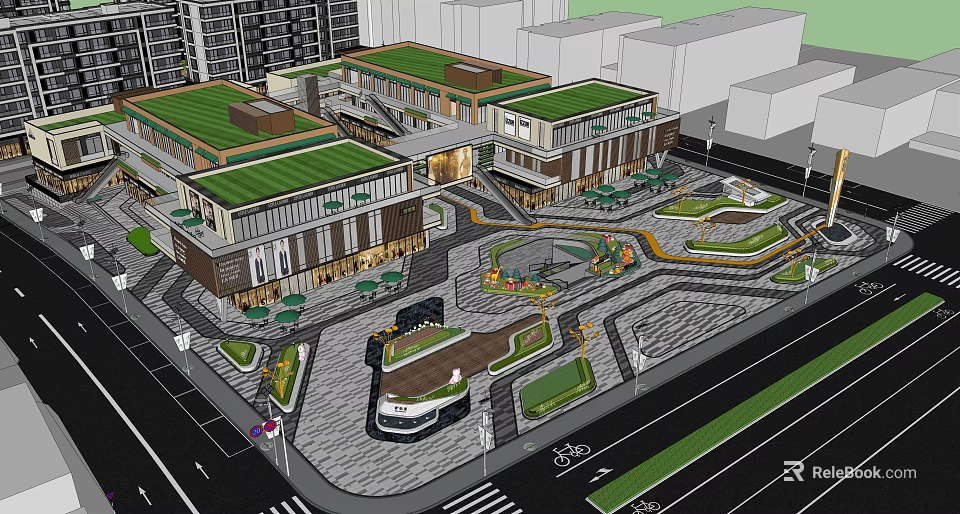 Modern Commercial Landscape With Green Roofs Open Plaza And Leisure Areas 3d model 