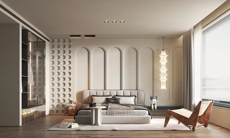 Modern Bedroom Interior With Arched Panel Walls Circular Pattern Accent Gray Headboard Bed And Wooden Lounge Chair 3d model 