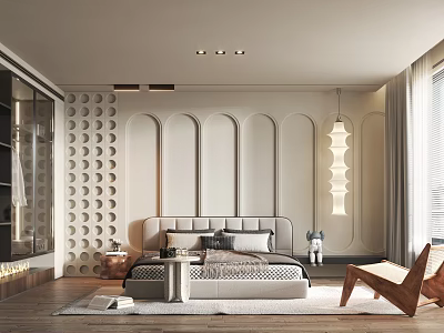 Modern Bedroom Interior With Arched Panel Walls Circular Pattern Accent Gray Headboard Bed And Wooden Lounge Chair 3d model