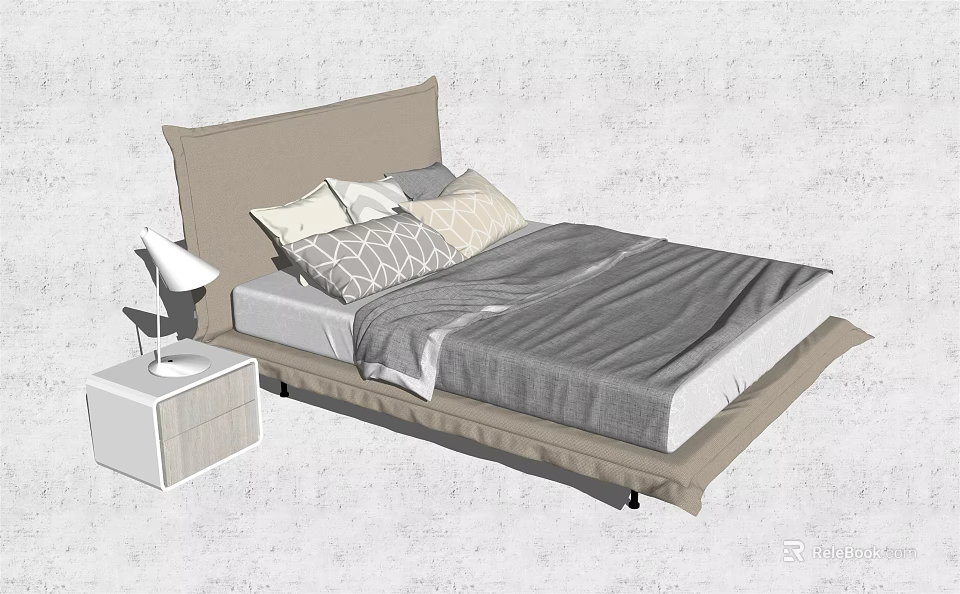 Simple Double Bed With Beige Headboard Gray Bedding And White Nightstand Lamp 3d model