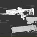 Three Futuristic Sci-Fi Weapons With Black Metal Mechanical Structure And Design Features