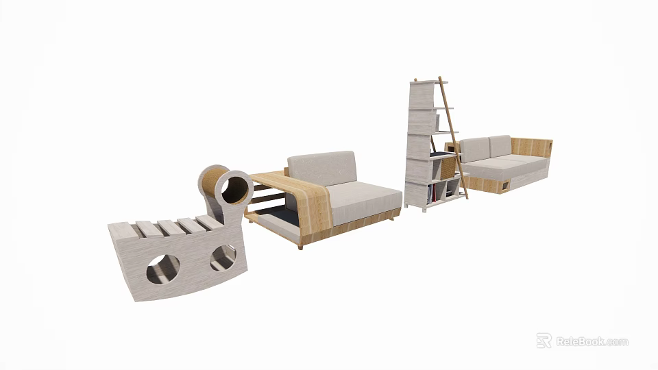 Modern Sofa Set With Wooden Frame Modular Design Gray Cushions And Bookshelf 3d model 