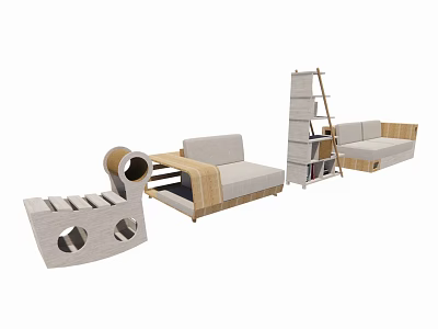Modern Sofa Set With Wooden Frame Modular Design Gray Cushions And Bookshelf 3d model