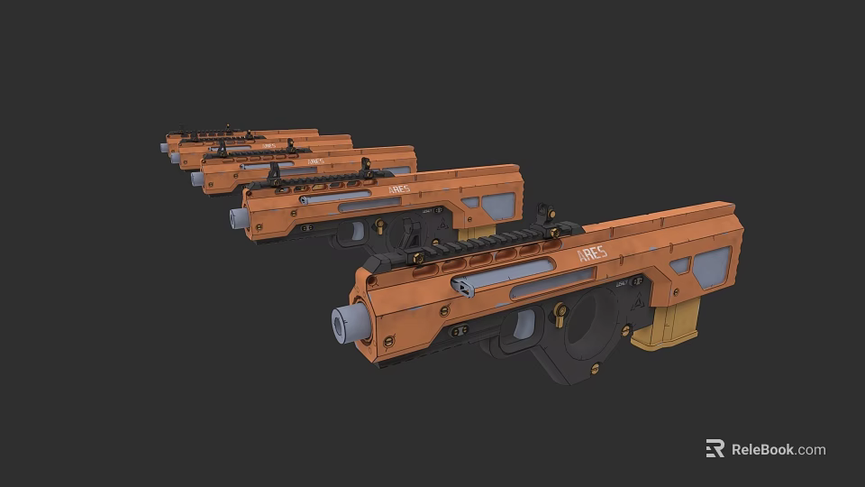 Orange Sci-Fi Weapons With Futuristic Tactical Features Arranged In A Row 3d model