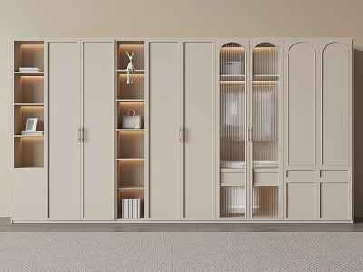 Modern Beige Wardrobe With Glass Doors Open Shelves And Built In Lighting 3d model
