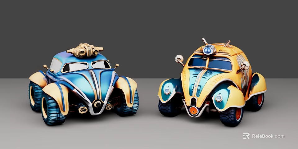 Blue And Yellow Cartoon Electric Toy Cars With Decorative Details And Headlights 3d model 