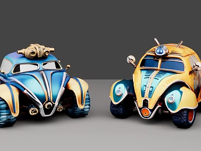 Blue And Yellow Cartoon Electric Toy Cars With Decorative Details And Headlights 3d model