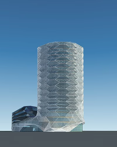 Modern Commercial Complex With Cylindrical Grid Facade Glass Structure And Blue Sky Background 3d model