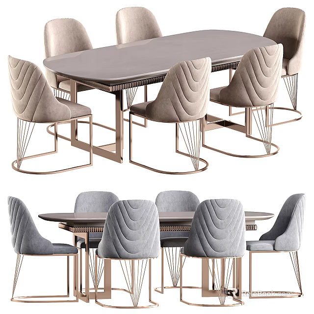 Elegant Modern Dining Table Set With Gray Upholstered Chairs And Metal Legs 3d model 