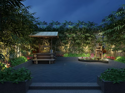 Night Garden Landscape With Wooden Pavilion Stone Courtyard Lush Greenery And Lighting 3d model