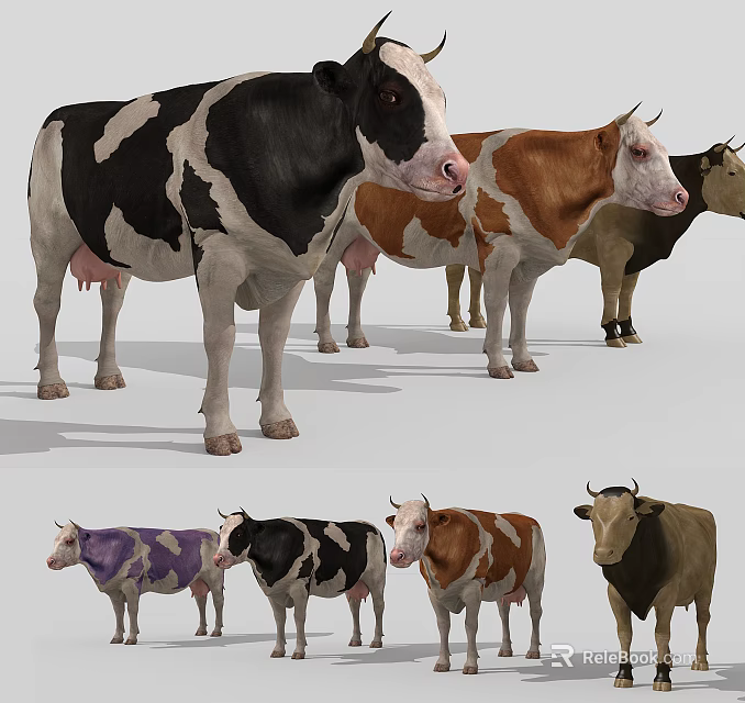 Colorful Cow Breeds Of Various Colors Standing In Studio 3d model 