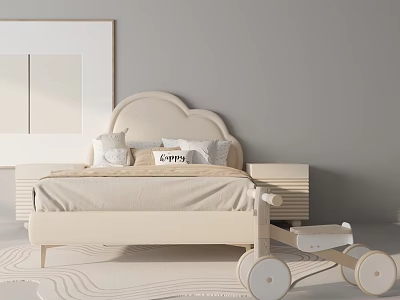 Cream Colored Double Bed With Cloud Shaped Headboard Happy Pillows And Wooden Toy Car 3d model