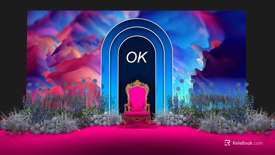 Floral Decorations Around Blue Archway With Pink Chair And Colorful Cloud Background 3d model 