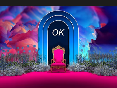 Floral Decorations Around Blue Archway With Pink Chair And Colorful Cloud Background 3d model