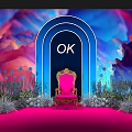 Floral Decorations Around Blue Archway With Pink Chair And Colorful Cloud Background