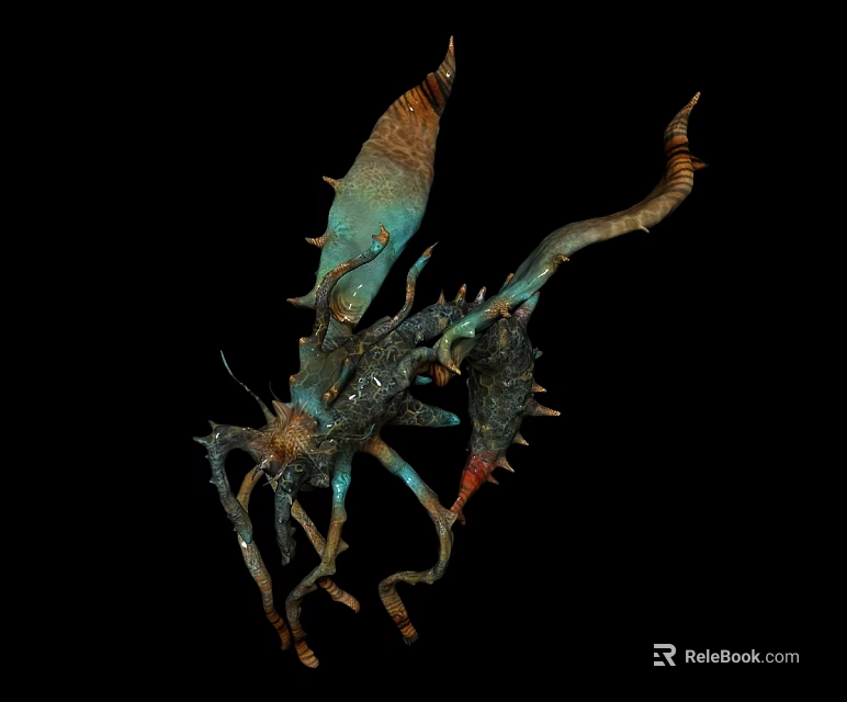 Mythical Flying Creature with Blue and Brown Wings Spiked Tail and Claws on Dark Background 3d model 