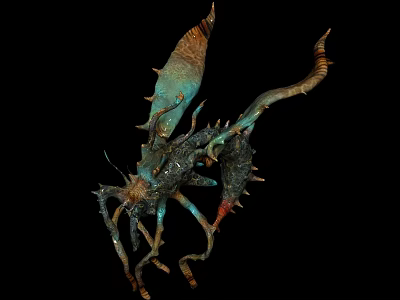 Mythical Flying Creature with Blue and Brown Wings Spiked Tail and Claws on Dark Background 3d model