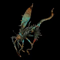 Mythical Flying Creature with Blue and Brown Wings Spiked Tail and Claws on Dark Background