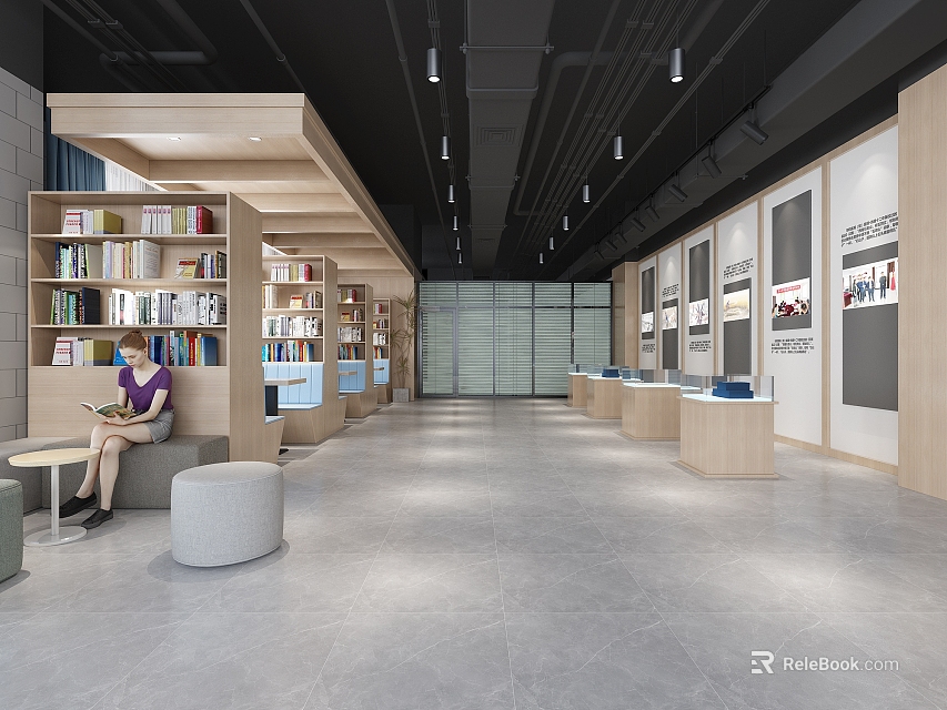 Modern Book Art Gallery Interior With Spacious Reading Area Bookshelves And Display Cabinets 3d model 
