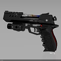 Modern Black Pistol With Red Grip Blue Glowing Part And Metallic Structure